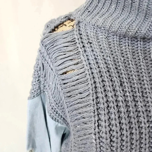 Instinct over Reason Shredded Turtle Neck Denim Sleeves  Sweater. Size Medium - Picture 2 of 13